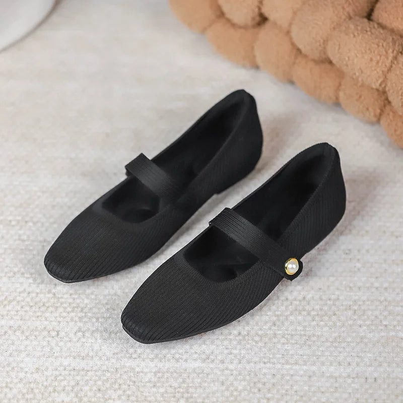 Stretchy Women Mary Jane Flats - Ribbed Knit For Spring