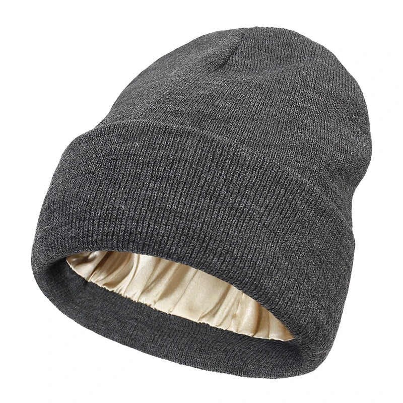 Winter Knit Beanies Womens Satin Lined Beanie Cap - Thick Chunky Soft Skull Hat for Winter