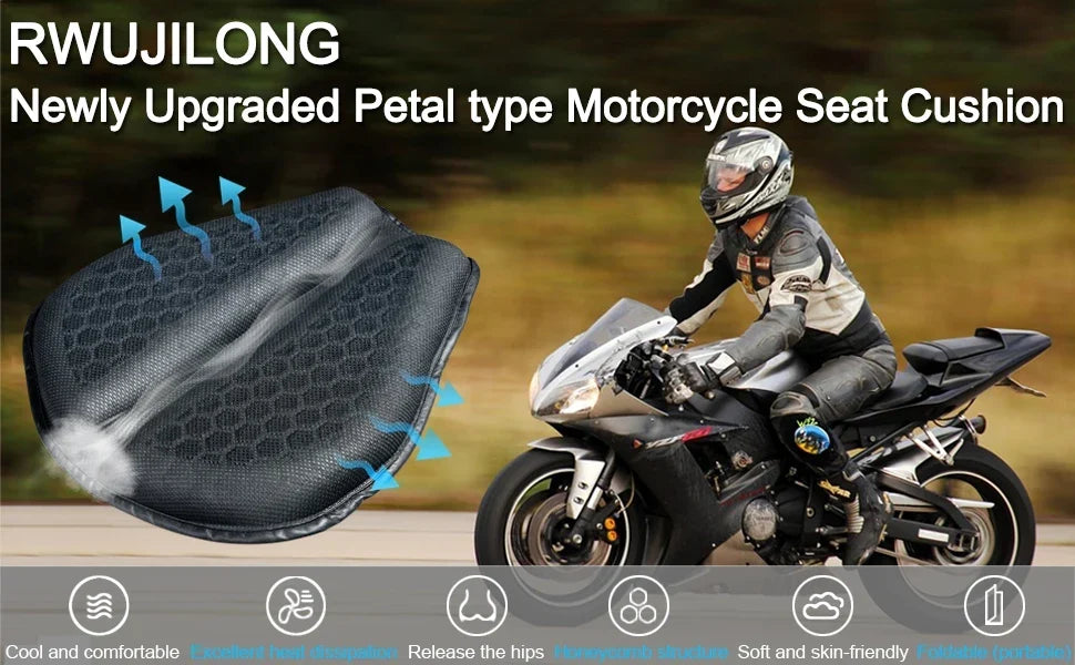 Motorcycle Gel Seat Cushion 3D Honeycomb Pressure Relief Anti-Slip Pad Long Ride Comfort