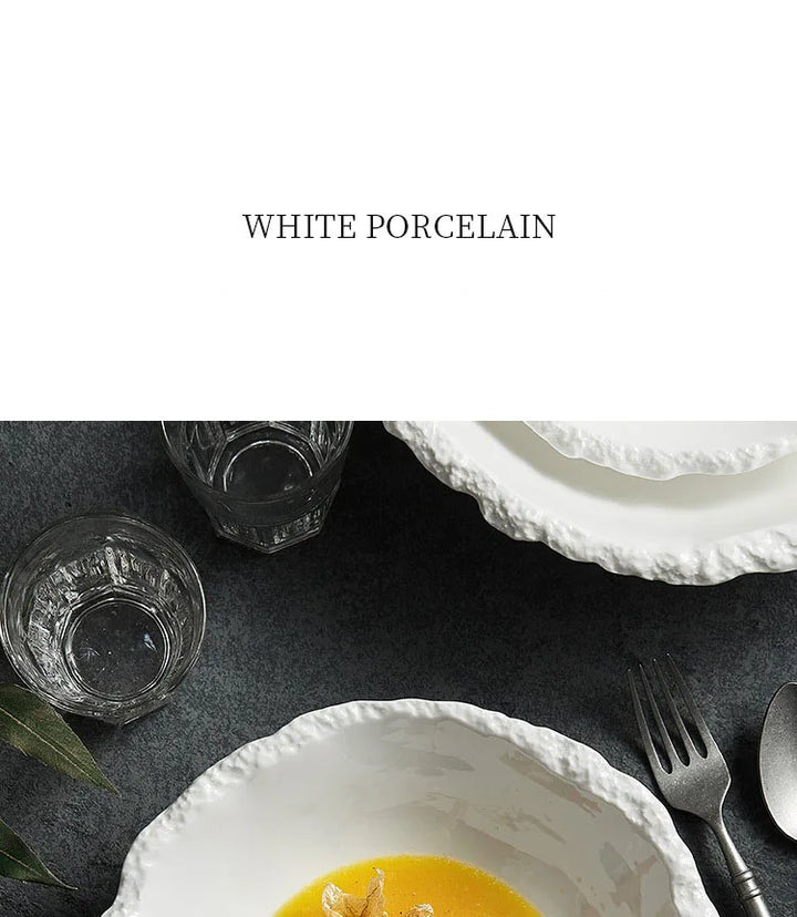 White Porcelain Rock Edge Soup Bowl Modern Tableware