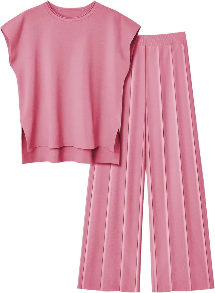 Soft Relaxed Women’s Two-Piece Pant Set – Sleeveless Round-Neck Knit Top, High-Waist Wide-Leg Pants For Summer