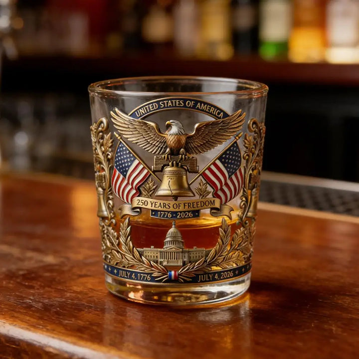 Patriotic Whiskey Glass Hand Blown Eagle Glassware USA 250th Anniversary Rotating Cup Gift Idea