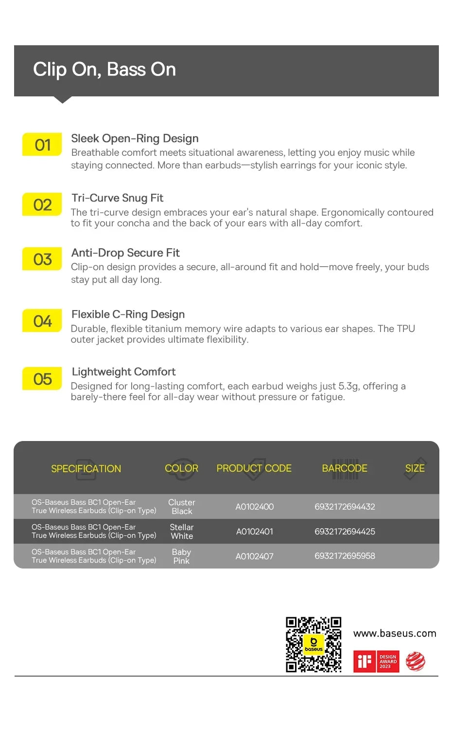 Baseus BC1 Open-Ear Clip Earbuds Bluetooth 6.0 – 4-Mic Noise Cancellation Super Bass IP55 Sports 2026