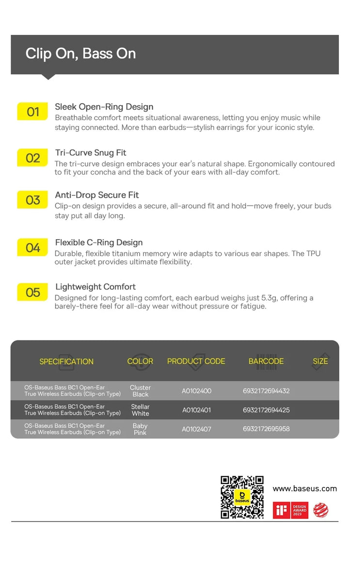 Baseus BC1 Open-Ear Clip Earbuds Bluetooth 6.0 – 4-Mic Noise Cancellation Super Bass IP55 Sports 2026
