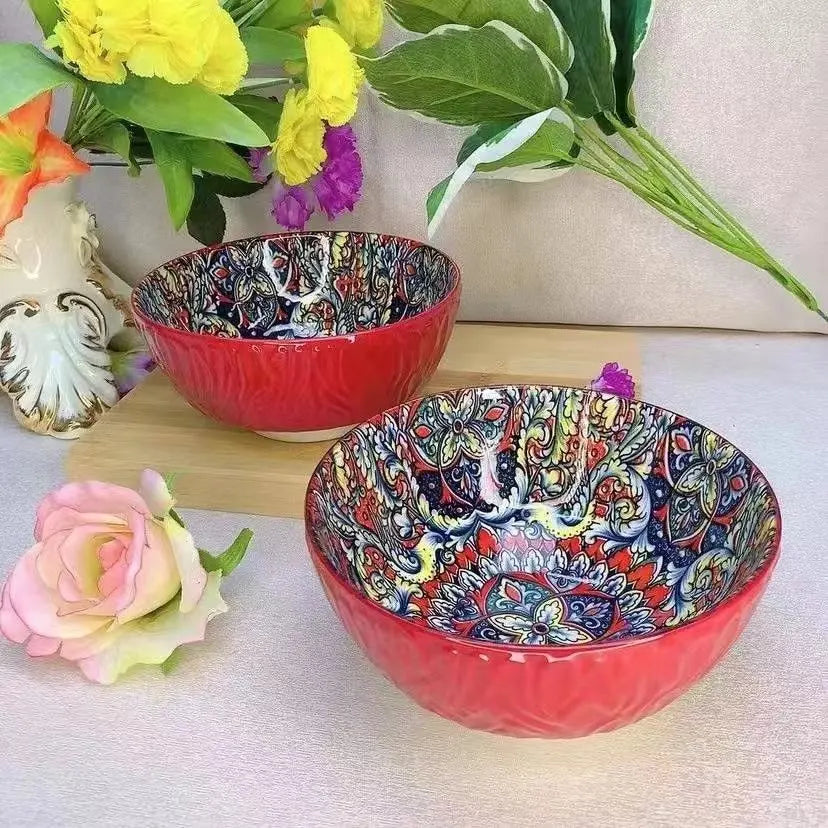 Bohemian Ceramic Bowls Set Floral Serving Bowls Versatile