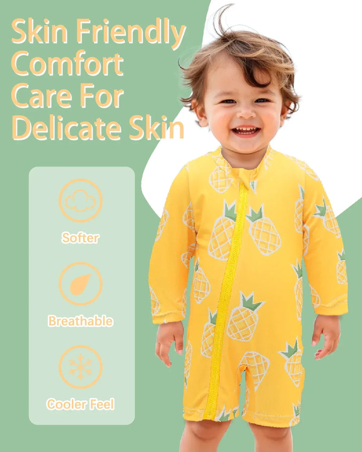 Breathable unisex long-sleeve rash guard - one-piece swimsuit, UPF 50+, pineapple print, for babies and toddlers