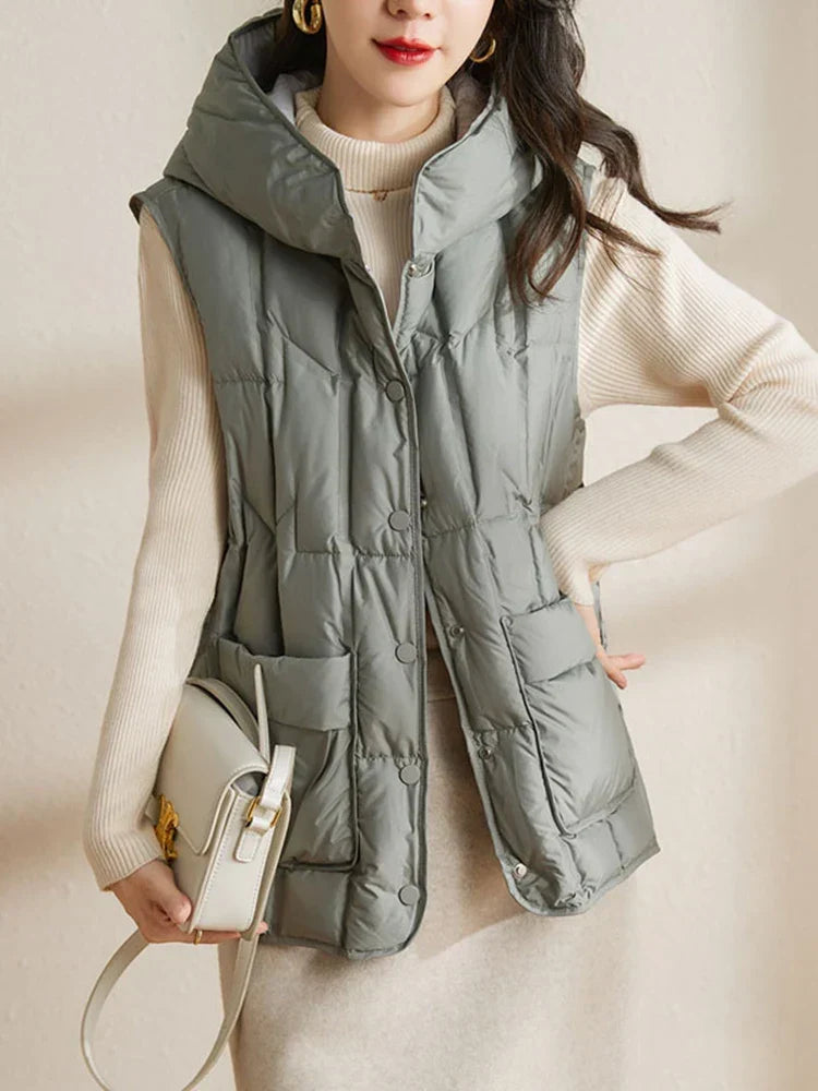 Lightweight Women Hooded Down Vest - Boxy, Down, Autumn