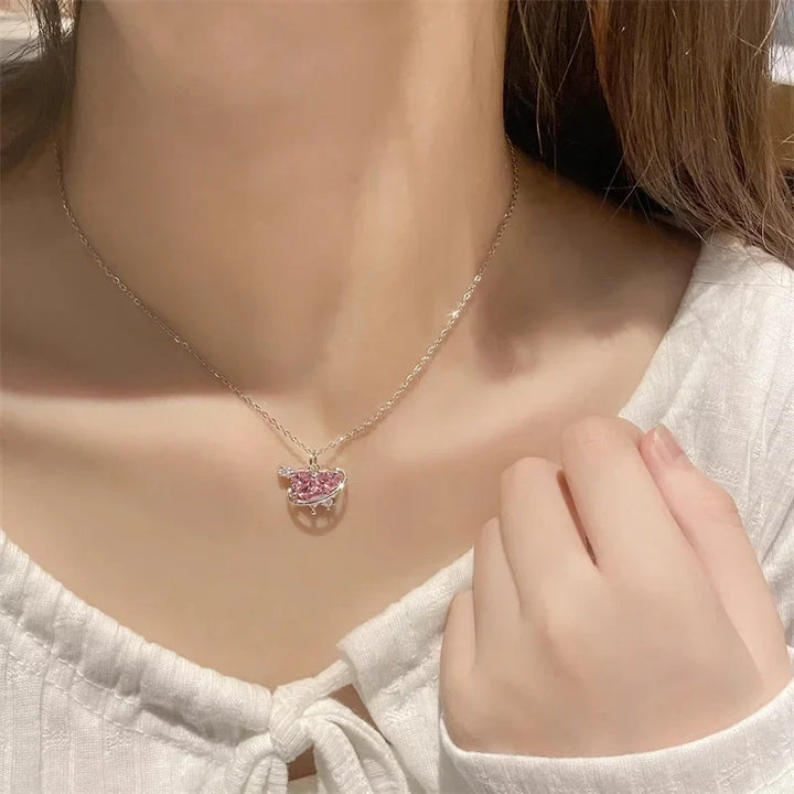 Zircon Pendant Necklace Pink Planet Heart Valentines Day Gift 2026 Aesthetic jewellery
