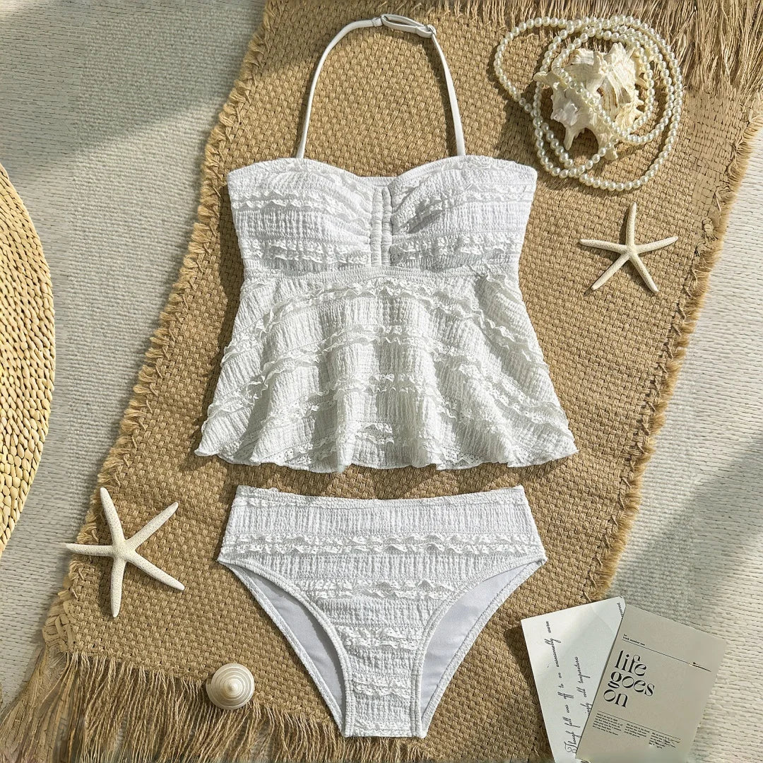 Lightweight girls’ bikini set - two-piece, textured lace-like fabric, polyester, for summer beach vacation
