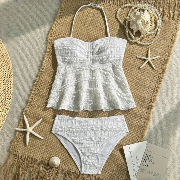 Lightweight girls’ bikini set - two-piece, textured lace-like fabric, polyester, for summer beach vacation