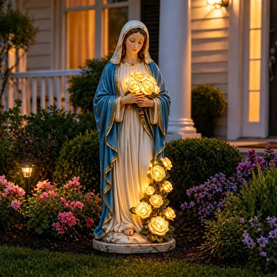 Virgin Mary Statue 7.87 Inch Outdoor Resin Garden Decor With Lighting Roses Religious Figurine Mother&