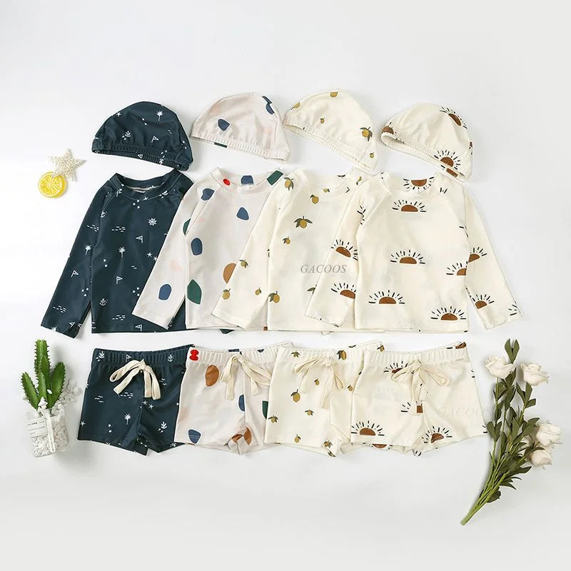 Quick-dry Unisex Baby Swimwear 2-Piece Set – Long-Sleeve Rash Guard Top, Shorts, Polyester, Summer Beachwear