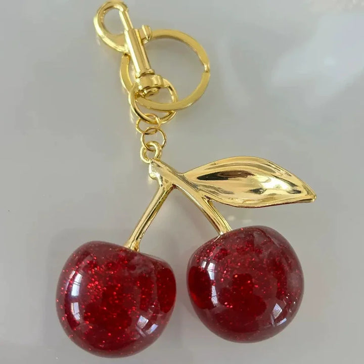 Red Cherry Keychain Bag Charm With Gold Leaf Lobster Clasp