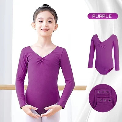 Soft Girls Ballet Leotard – Long Sleeve, Chest-Drawstring, Cotton, For Dance Class