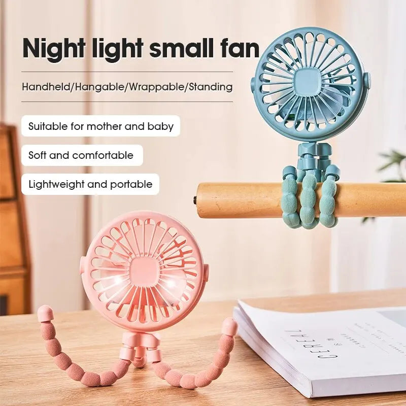 Portable Oscillating Pram Fan Mini Handheld Baby Fan USB Operated Clip-on Flexible Tripod for Car Seat Use