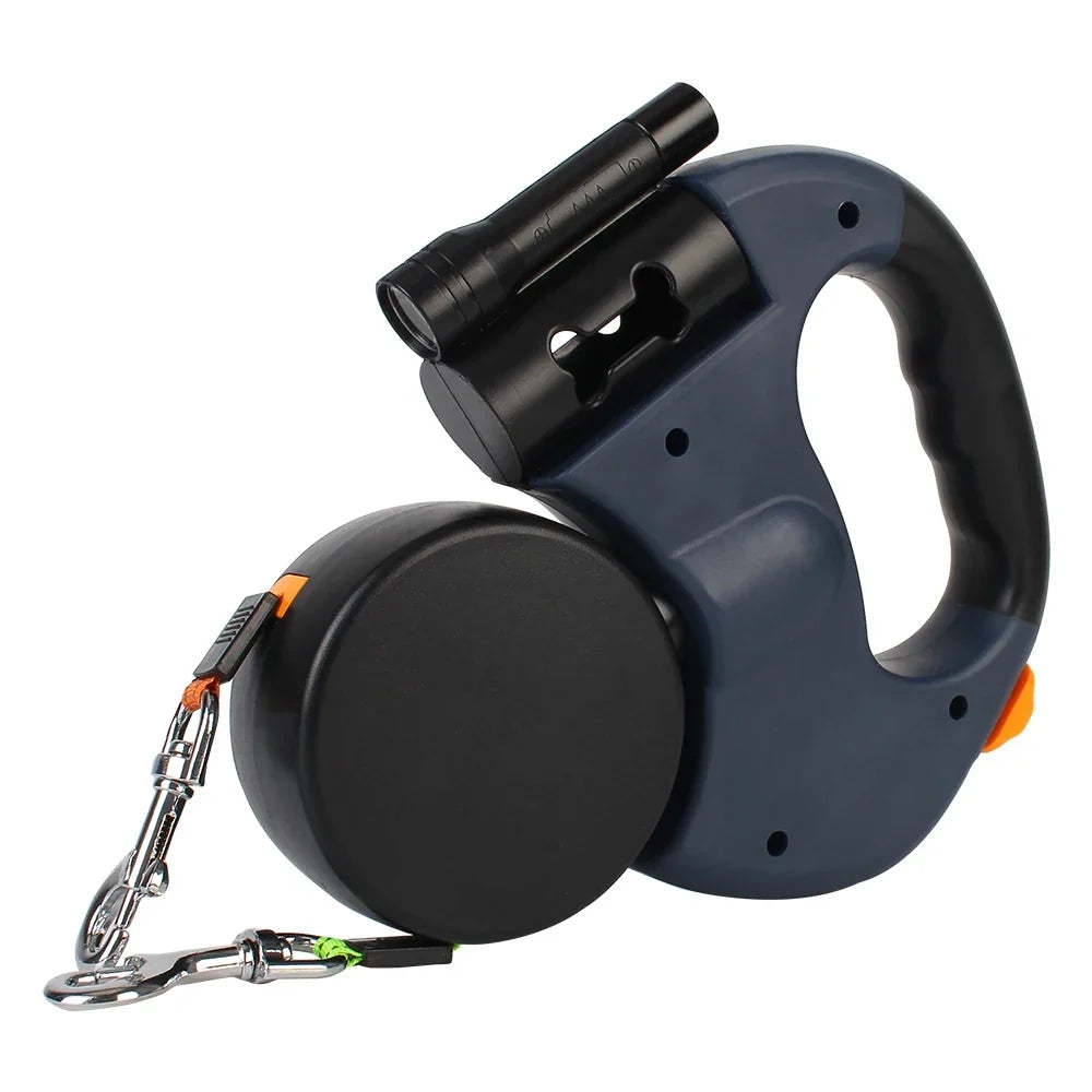 Dual Dog Leash 3m Retractable with Flashlight &amp; Waste Bag Box, Auto-Extend Traction Rope
