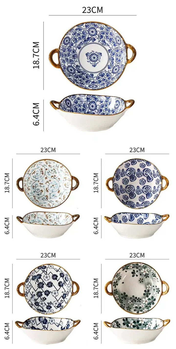 7.5 Inch Japanese Ceramic Noodle Bowl With Handles Blue