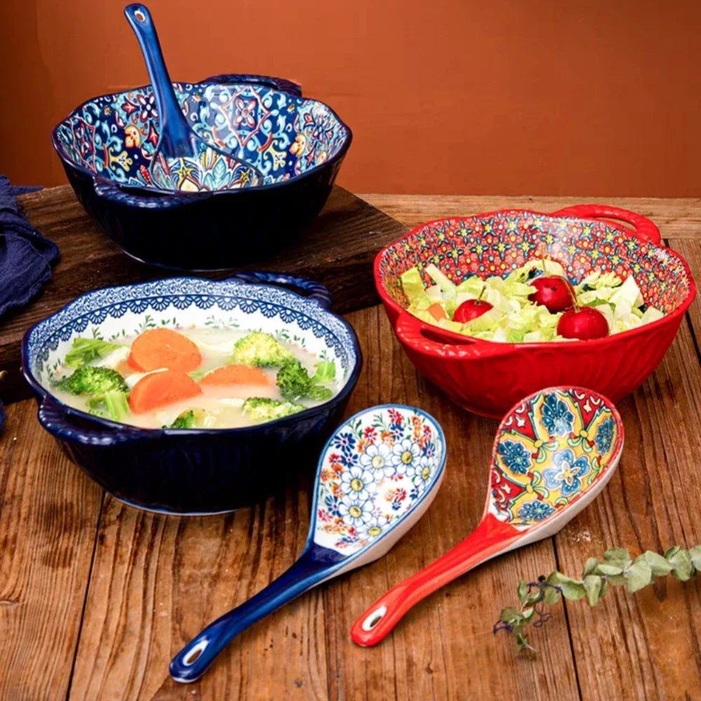 Ceramic Soup Bowl Bohemian Handle Embossed Microwave