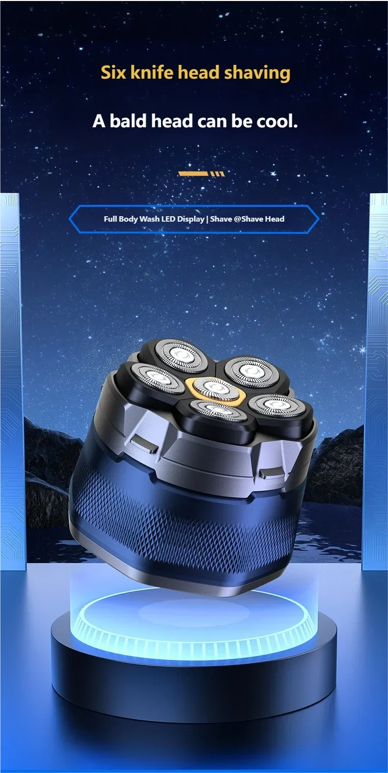 6D Electric Head Shaver for Men - Waterproof Magnetic Rotary Razor with LED Bald Head Hair Trimmer