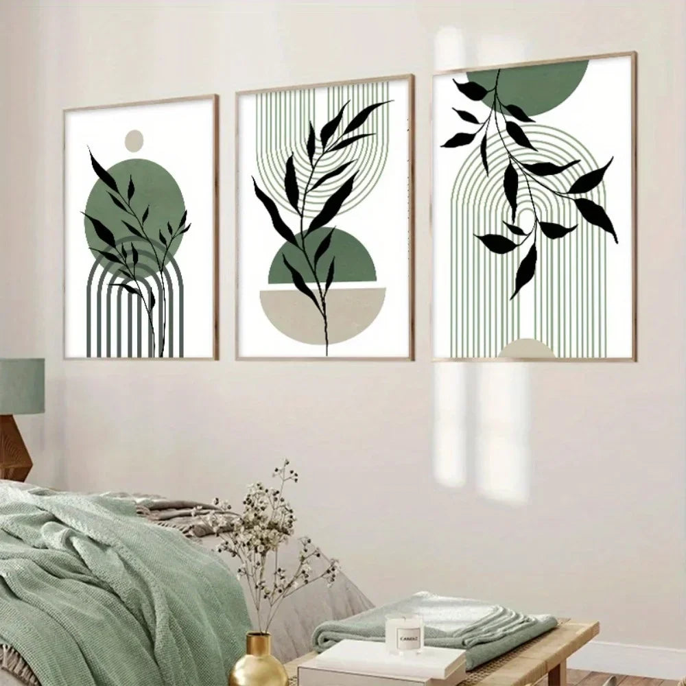 Sage Green Boho Wall Art Set 3Pc Mid Century Prints