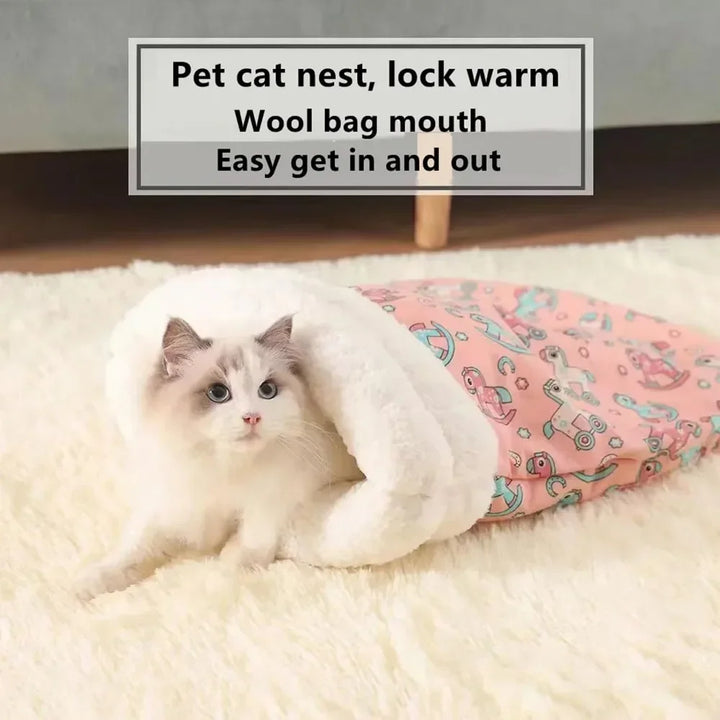 Self Warming Cat Bed - Soft Plush Cat Sleeping Bag for Indoor Cats, Cozy Nest for Small Pets