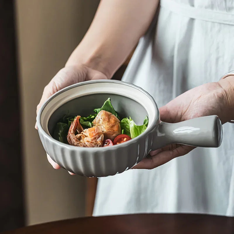 Ceramic Single Handle Bowl With Lid Japanese Style