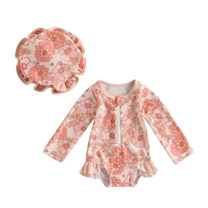 Lightweight infant girl’s swimwear jumpsuit – long-sleeve zipper, flamingo floral print, polyester, for summer