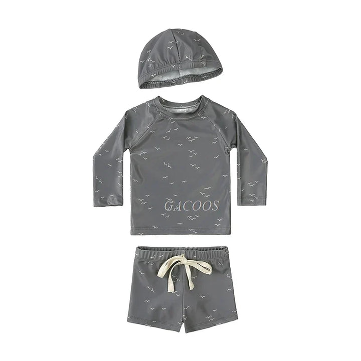 Quick-dry Unisex Baby Swimwear 2-Piece Set – Long-Sleeve Rash Guard Top, Shorts, Polyester, Summer Beachwear