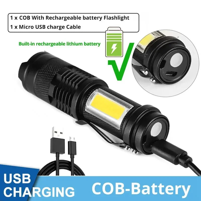 Mini Rechargeable LED Flashlight XPE COB Double Light Source for Camping Fishing Adventure