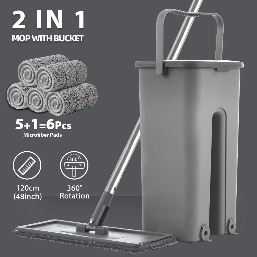 Household Cleaning Hand-Free Flat Floor Mop &amp; Bucket Set with Washable Microfiber 4x Pads