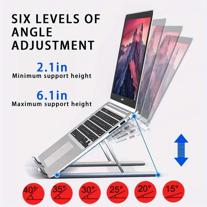 Portable Adjustable Aluminum Laptop Stand with Accessories - 6-Level Height, Anti-Slip Design, Enhanced Ventilation for 8-16" Laptops