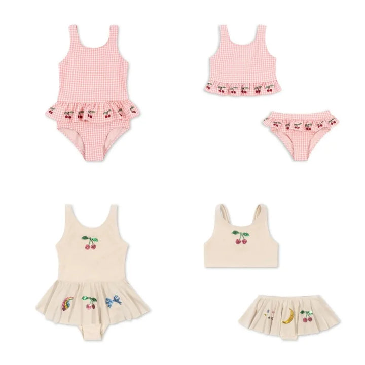 Quick-dry girls’ swimwear - checkered cherry print bikini set, nylon, for summer vacation