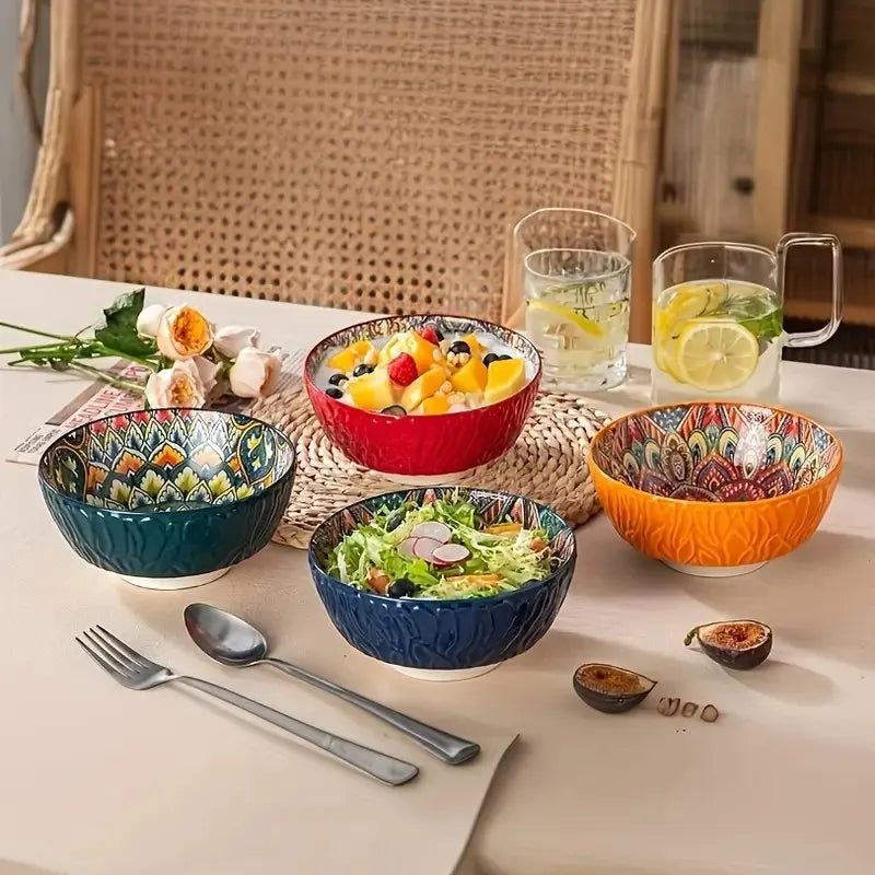 Bohemian Ceramic Bowls Set Floral Serving Bowls Versatile