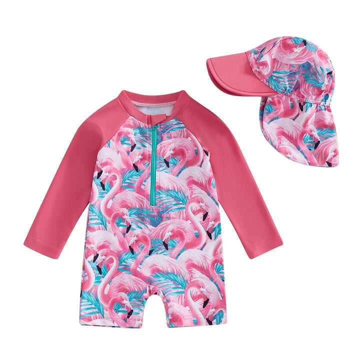 Lightweight Durable Toddler Girl Rash Guard Swimsuit - Long Sleeve Floral Flamingo Print, Polyester Elastane, Beachwear