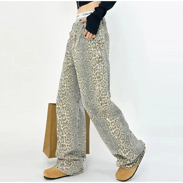 High-Waisted Leopard Print Wide Leg Jeans for Women, Trendy Fit in S-XXL Sizes