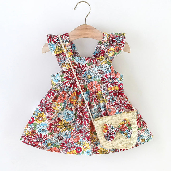 Soft Baby Girl Dress - Classic Floral Flutter Sleeves, Polyester, With Crossbody Bag, For Ages 0-3