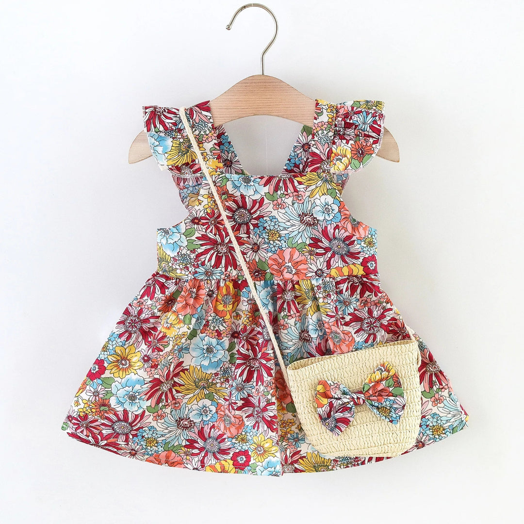 Soft Cozy Baby Girl Dress - Floral Flutter Sleeve, Polyester, For Summer Outings And Playtime