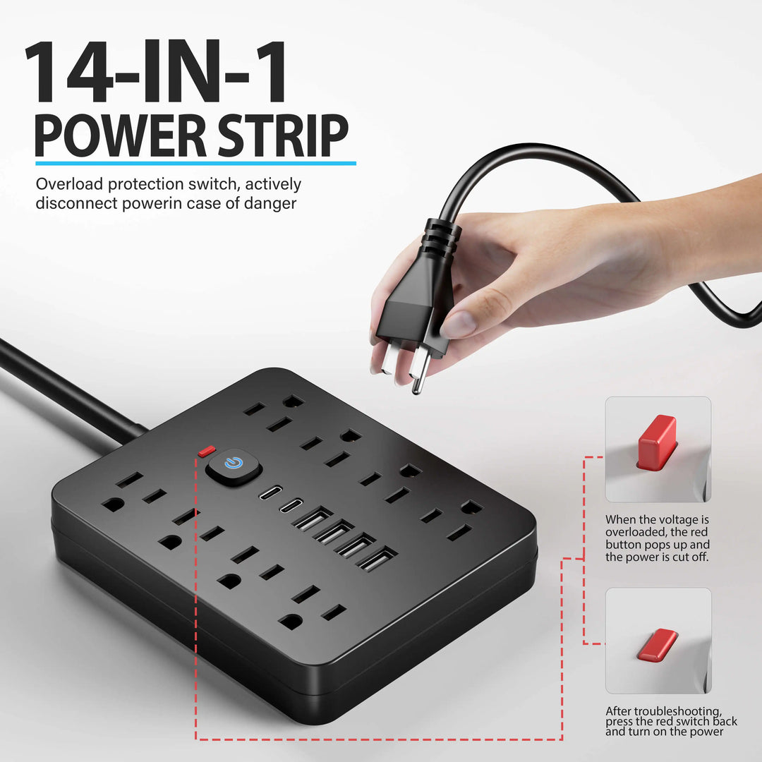 14-in-1 Power Outlet Surge Protector, 8 AC &amp; 4 USB, Extension Cord for Desktop Charging
