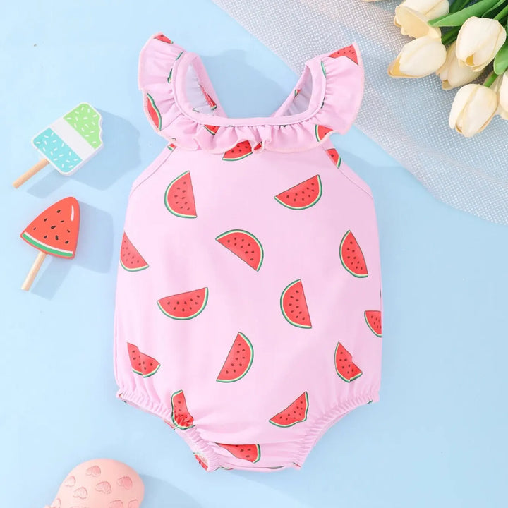 Soft Durable Baby Girls’ Swimsuit – Halter-Neck Watermelon-Print, Polyester, For Summer Beach Days