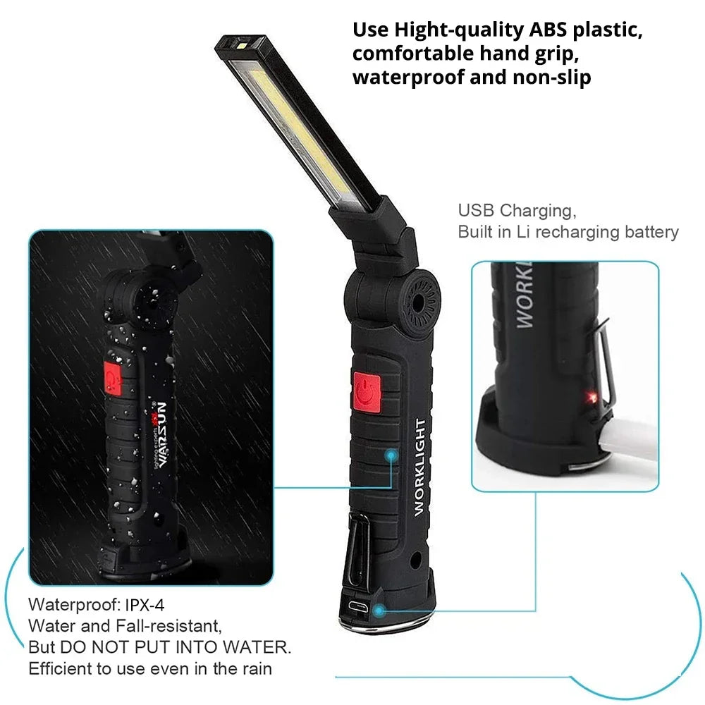 Rechargeable Camping LED Flashlight Work Light - IP64 Waterproof, 5 Modes, Magnet &amp; Hook for Night Work