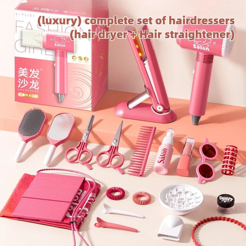 Kids Hair Salon Set Pink Pretend Play Styling Kit With Hair Dryer And Accessories Fall 2025 Gift