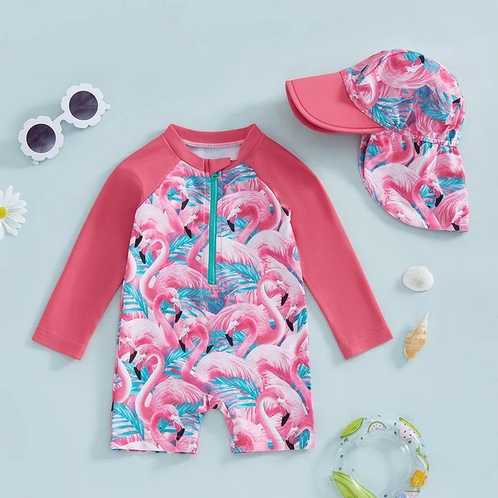 Lightweight Durable Toddler Girl Rash Guard Swimsuit - Long Sleeve Floral Flamingo Print, Polyester Elastane, Beachwear