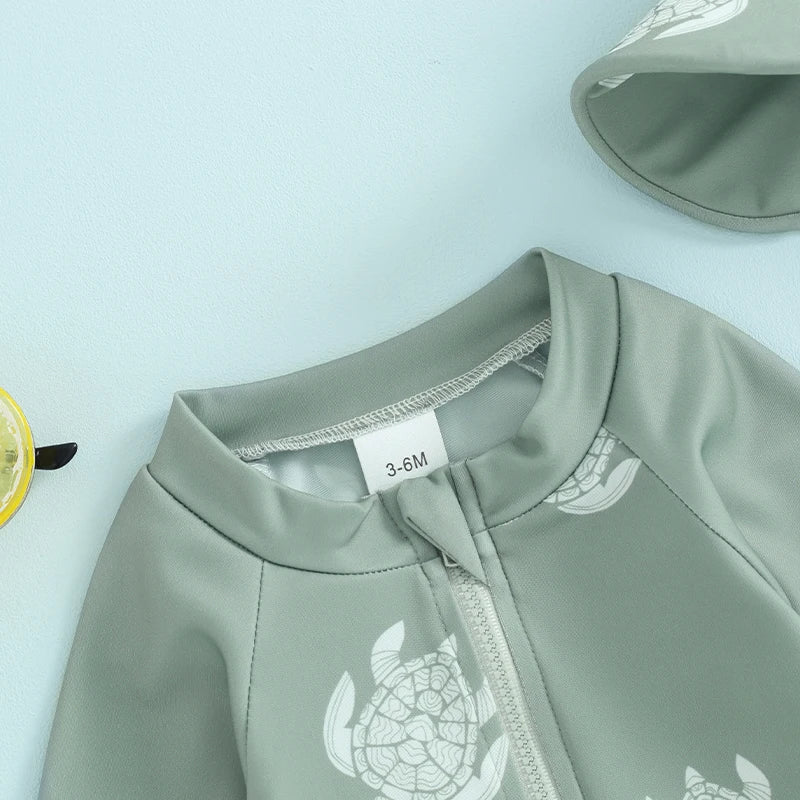 Lightweight Toddler Boys Rash Guard Swimsuit - Long Sleeve, Turtle Print, Polyester, Beachwear