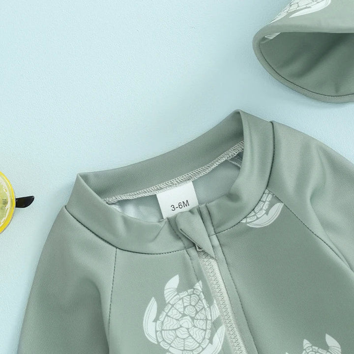 Lightweight Toddler Boys Rash Guard Swimsuit - Long Sleeve, Turtle Print, Polyester, Beachwear