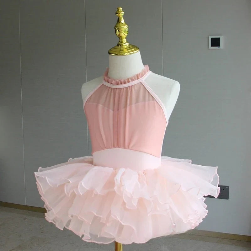 Lightweight girls ballet leotard set - puff-sleeve top, tulle tutu skirt, polyester, for dance class