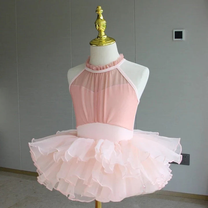 Lightweight girls ballet leotard set - puff-sleeve top, tulle tutu skirt, polyester, for dance class