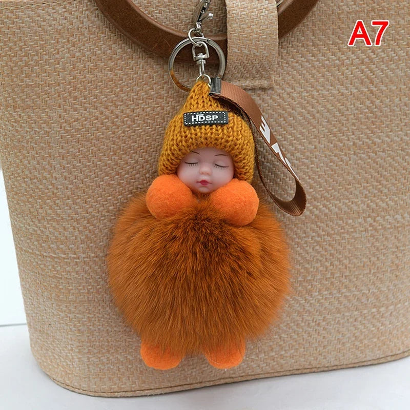 Pompom Sleeping Baby Keychain Plush Bag Charm Cute Gift
