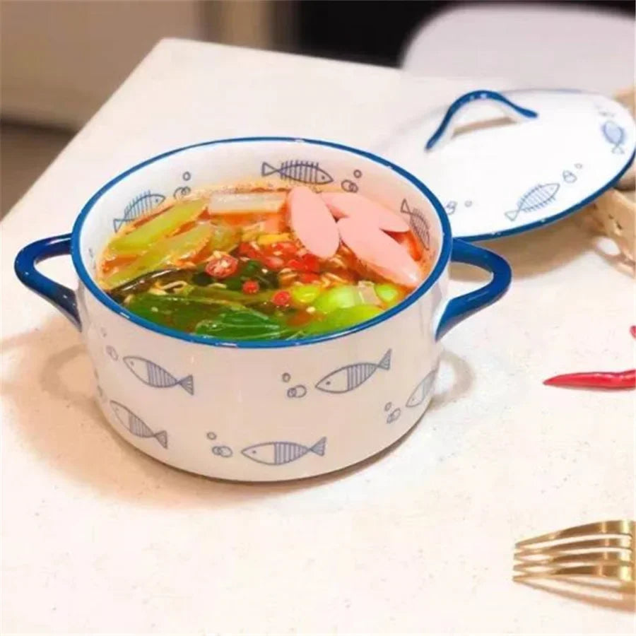 Ceramic 1000ml Covered Noodle Bowl Microwave Safe With Lid