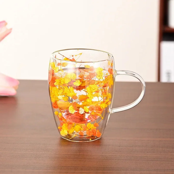 Double Wall Glass Cup with Handle Dried Flower Decorated Ins Style Mug 300ML
