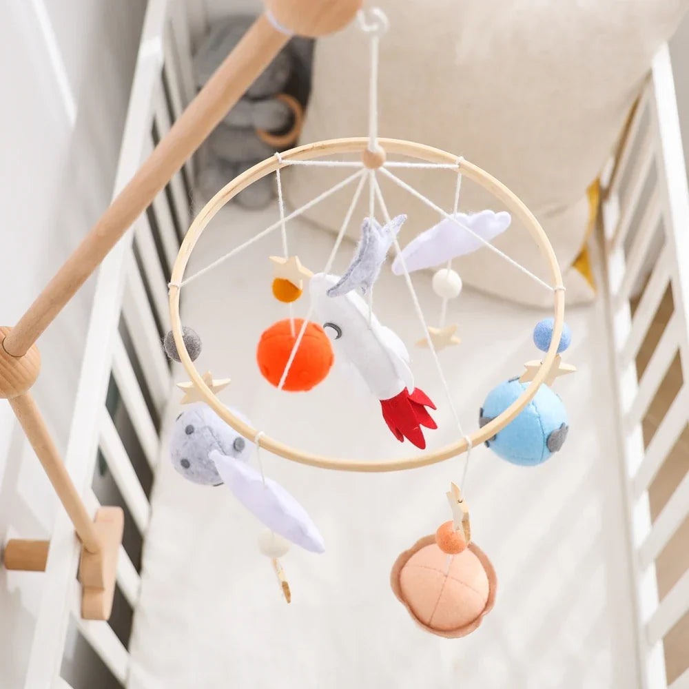 Wooden Rocket Crib Mobile Newborn Sensory Toys Soothing
